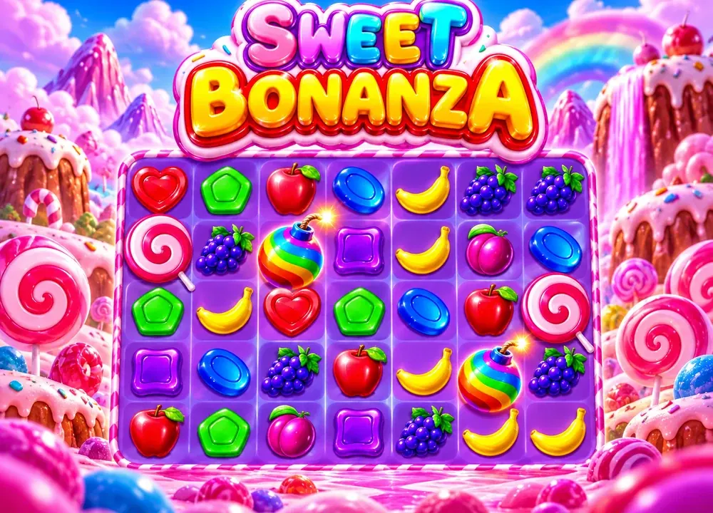 Klasik Sweet Bonanza için meyve ve şekerlerle dolu oyun alanı