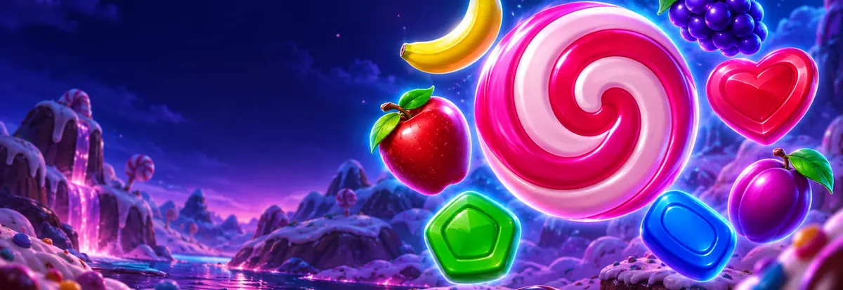 Gece manzarasında büyük bir lolipop, kalp şeker ve meyveler