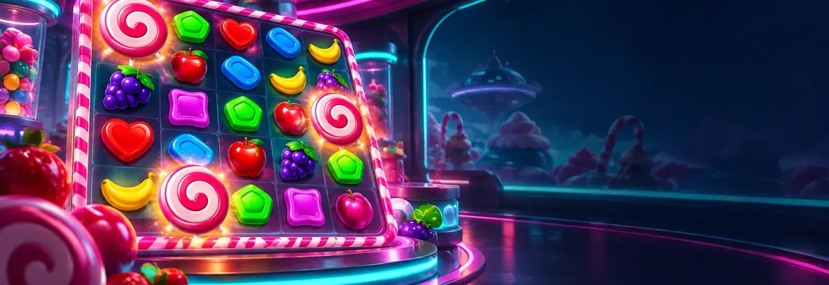 Neon ışıklı bir salonda meyve ve şekerlerle dolu oyun ekranı